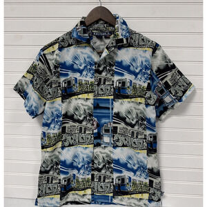 Drill Vintage y2k Mens Casual Button Down Multi Color Graffiti Print Top Shirt L